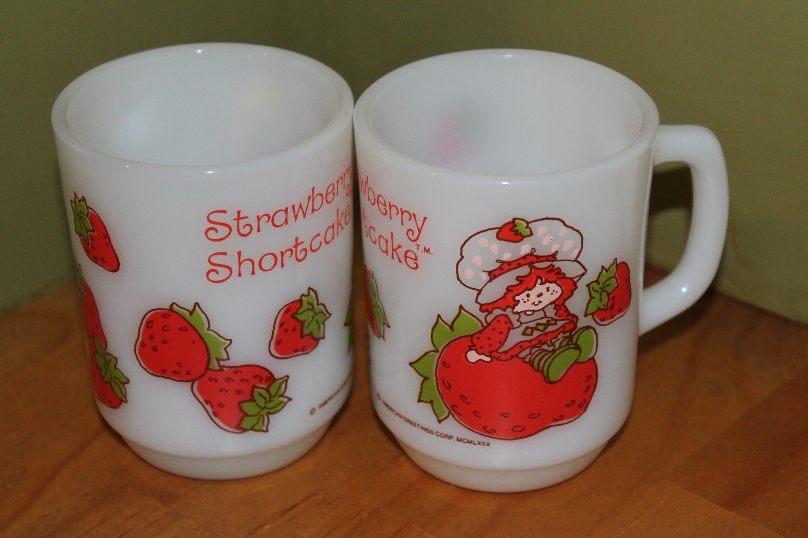 Vintage Strawberry Shortcake milk glass mugs / 1980 / lot of 2