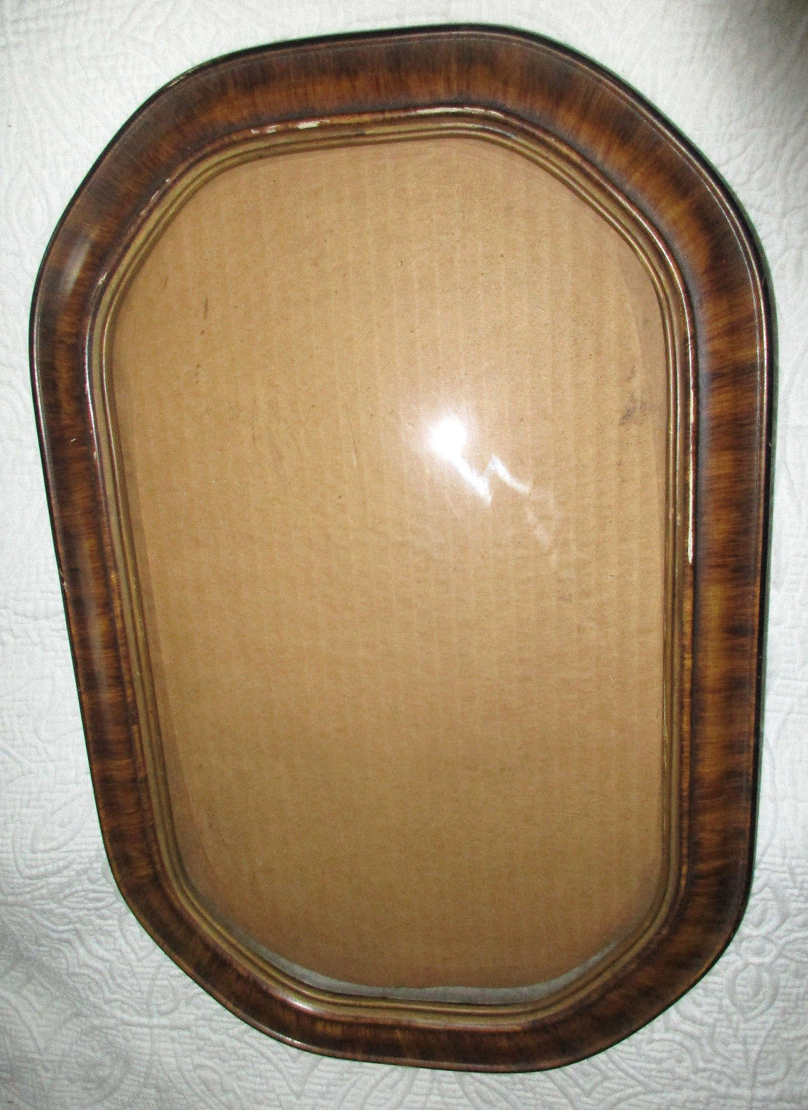 ANTIQUE TIGER WOOD GESSO OCTAGONAL picture frame CONCAVE BUBBLE GLASS