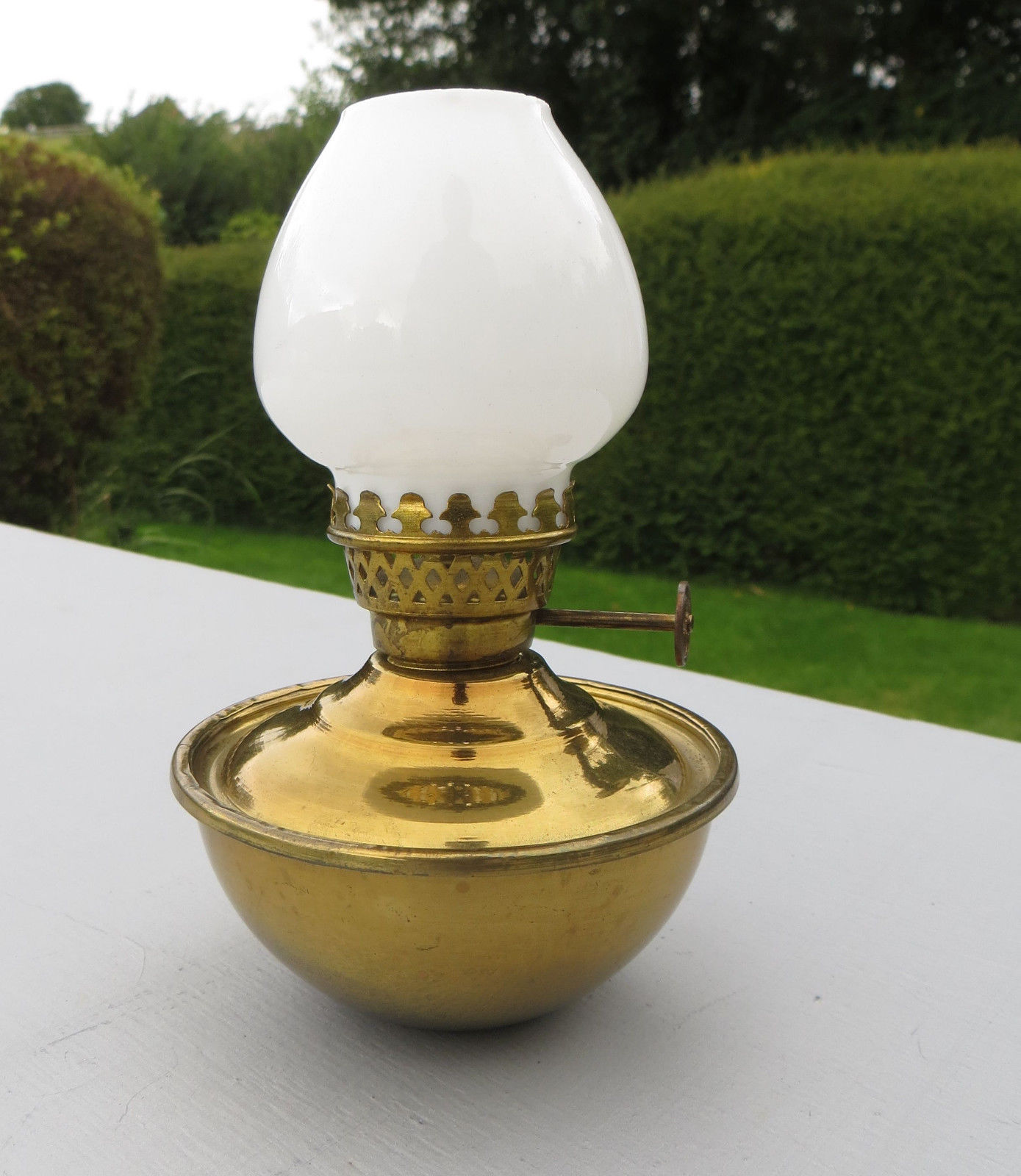 Vintage Brass Kelly Style Nursery Oil Lamp with Pixie Shade Antique