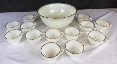 Anchor Hocking White Milk Glass Punch Bowl W Gold Trim And
