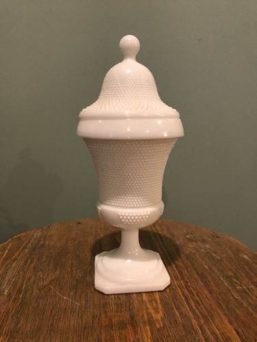 L E Smith Milk Glass Apothecary Jar Beaded Hobnail 1960s Antique Price Guide Details Page
