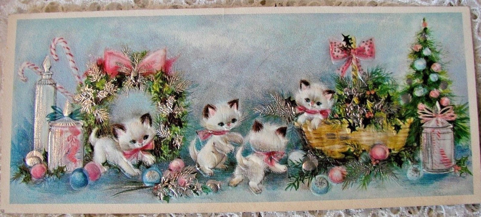 Vintage Christmas Greeting Card Mid Century Modern Pink White Kitty Cats Candy Antique Price Guide Details Page