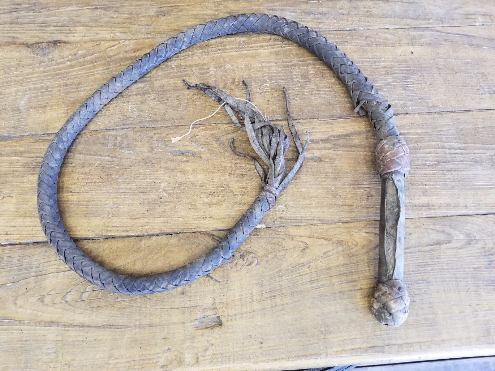 Antique Leather Bull Whip with Iron Handle Rustic Vintage Western