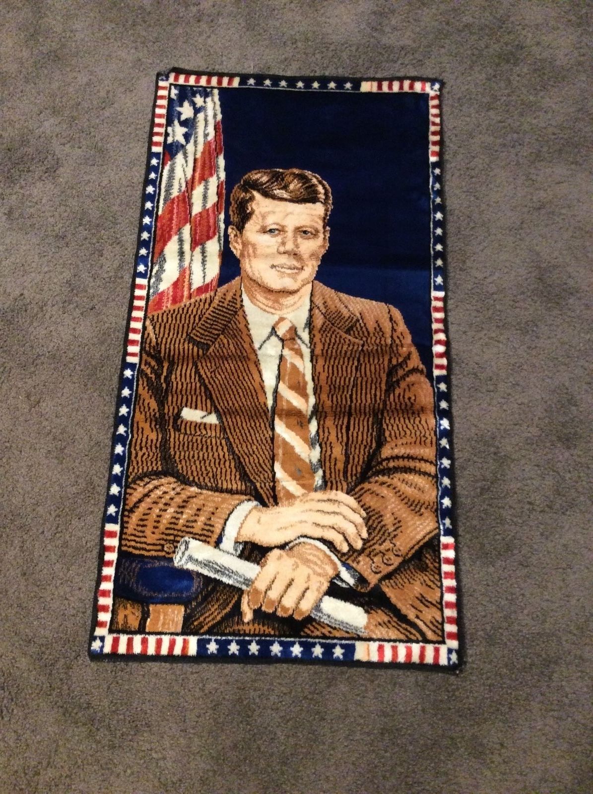 Vintage John F Kennedy Hanging Rug Tapestry Wall Art JFK Made In Italy