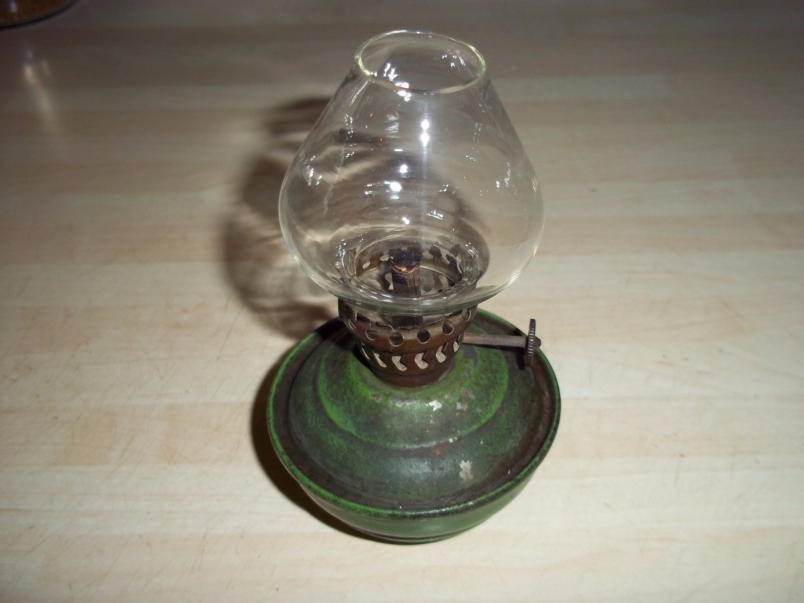 Vintage Painted Green Kelly Nursery Oil Lamp with Clear Shade