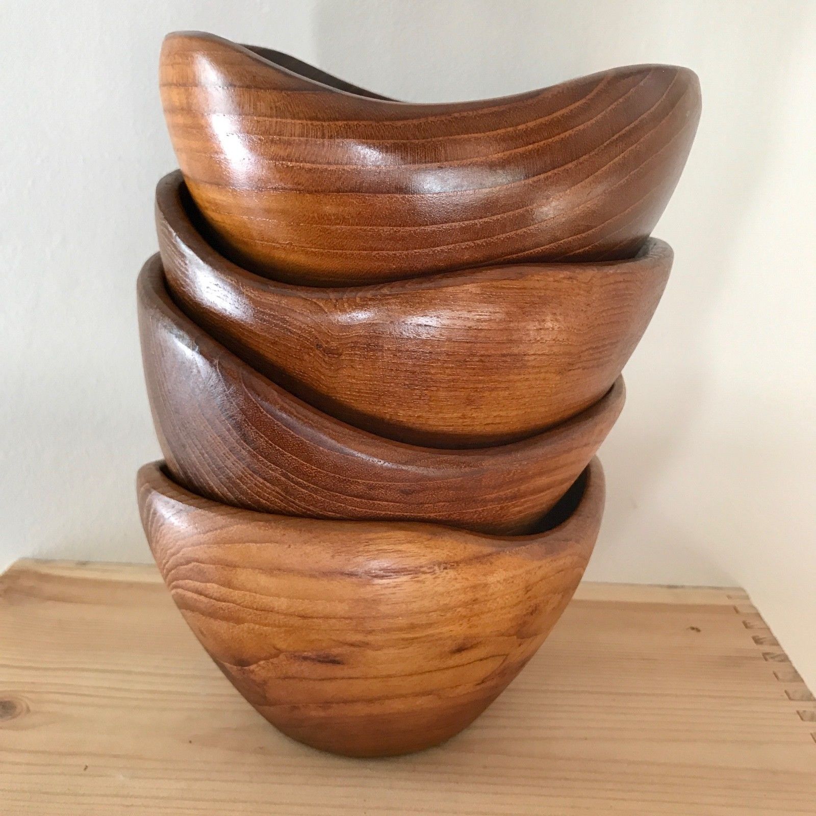 Vintage Mid Century Deep Solid Wood Bowls Set of 4 6" Diameter
