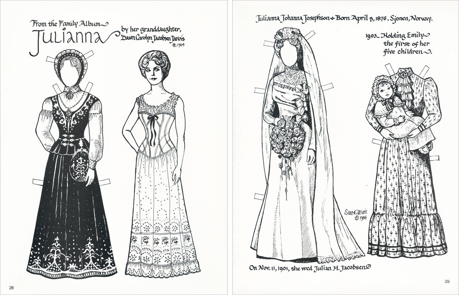 Vintage 1984 "JULIANNA" PAPER DOLL 2page set to color by DAWN JARVIS Antique Price Guide