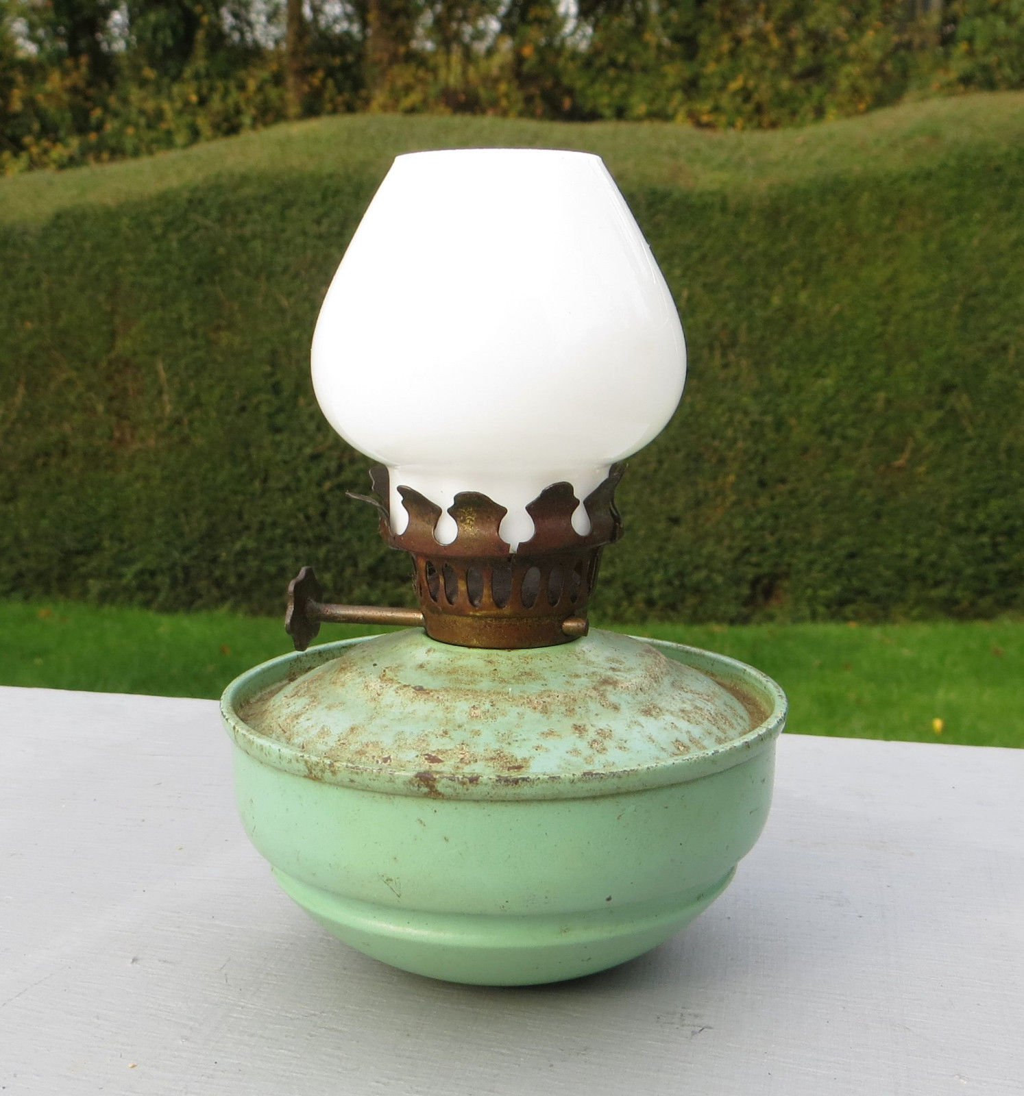 Vintage Green Kelly Style Nursery Oil Lamp with Pixie Shade Antique