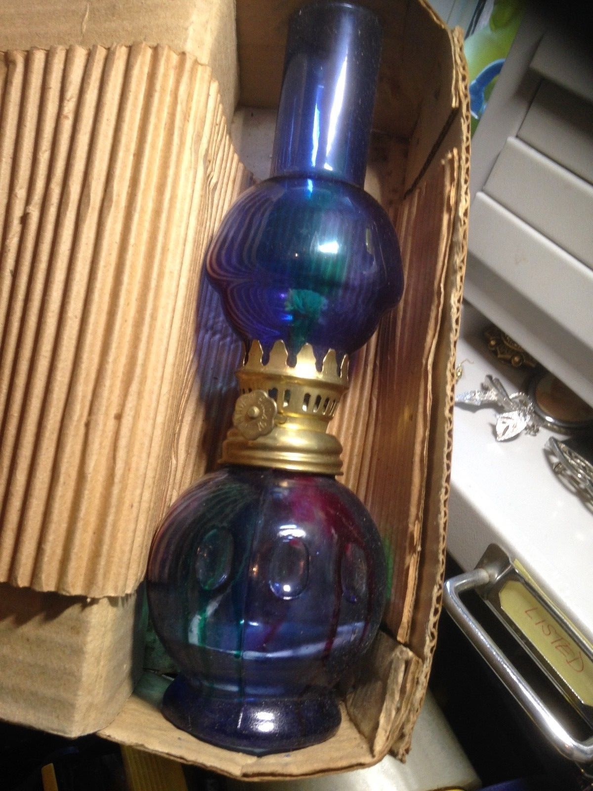 "Arabian Light" Vintage boxed mini oil lamp, blue glass. Unused