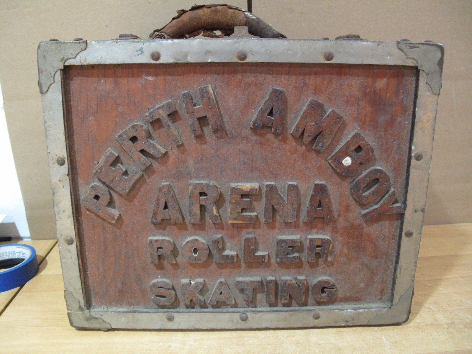 Vintage Roller Skate Wooden Carrying Case Box Perth Amboy Arena Rink