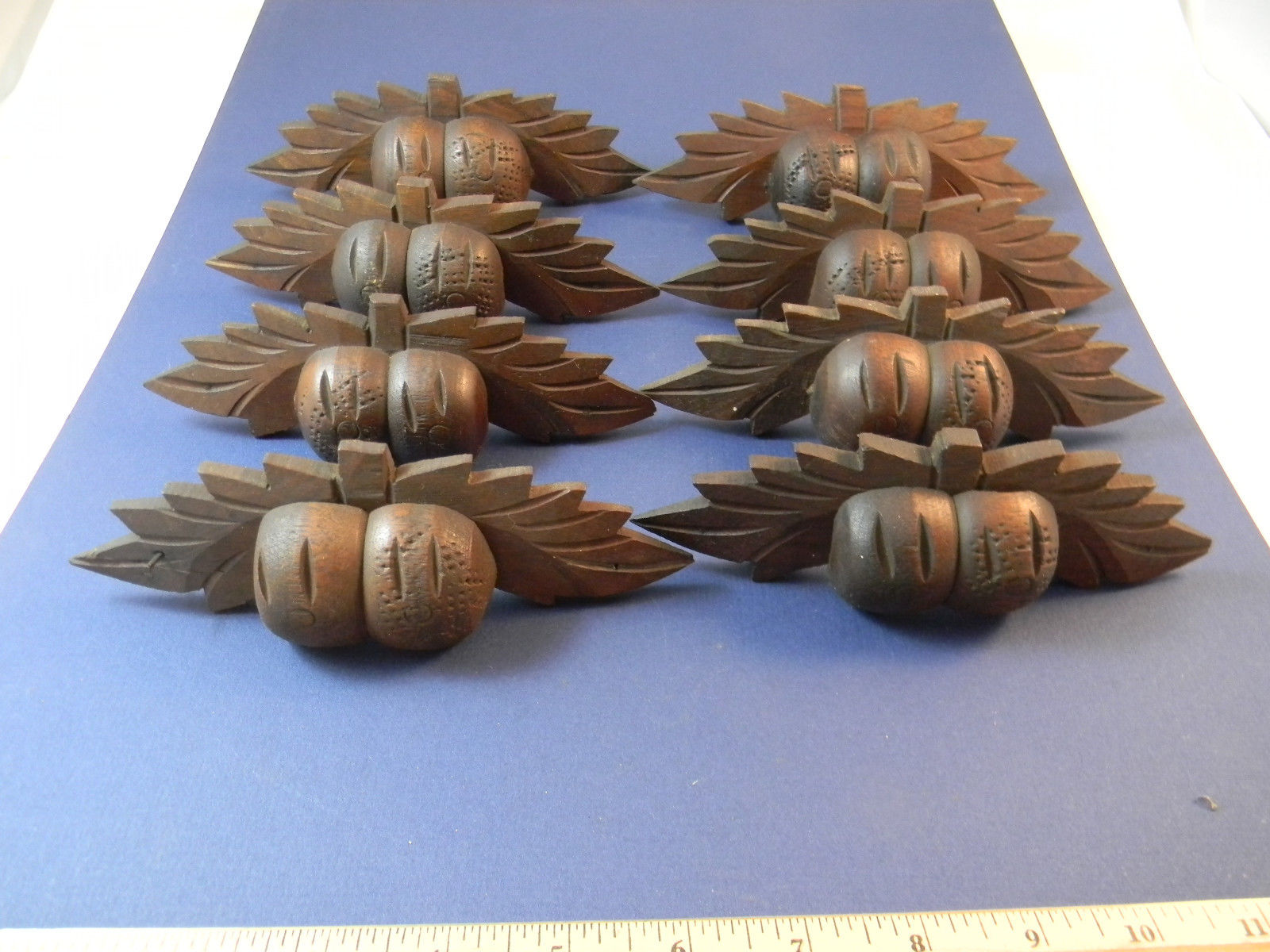 Antique Set of 8 carved walnut acorn drawer pulls. Antique Price