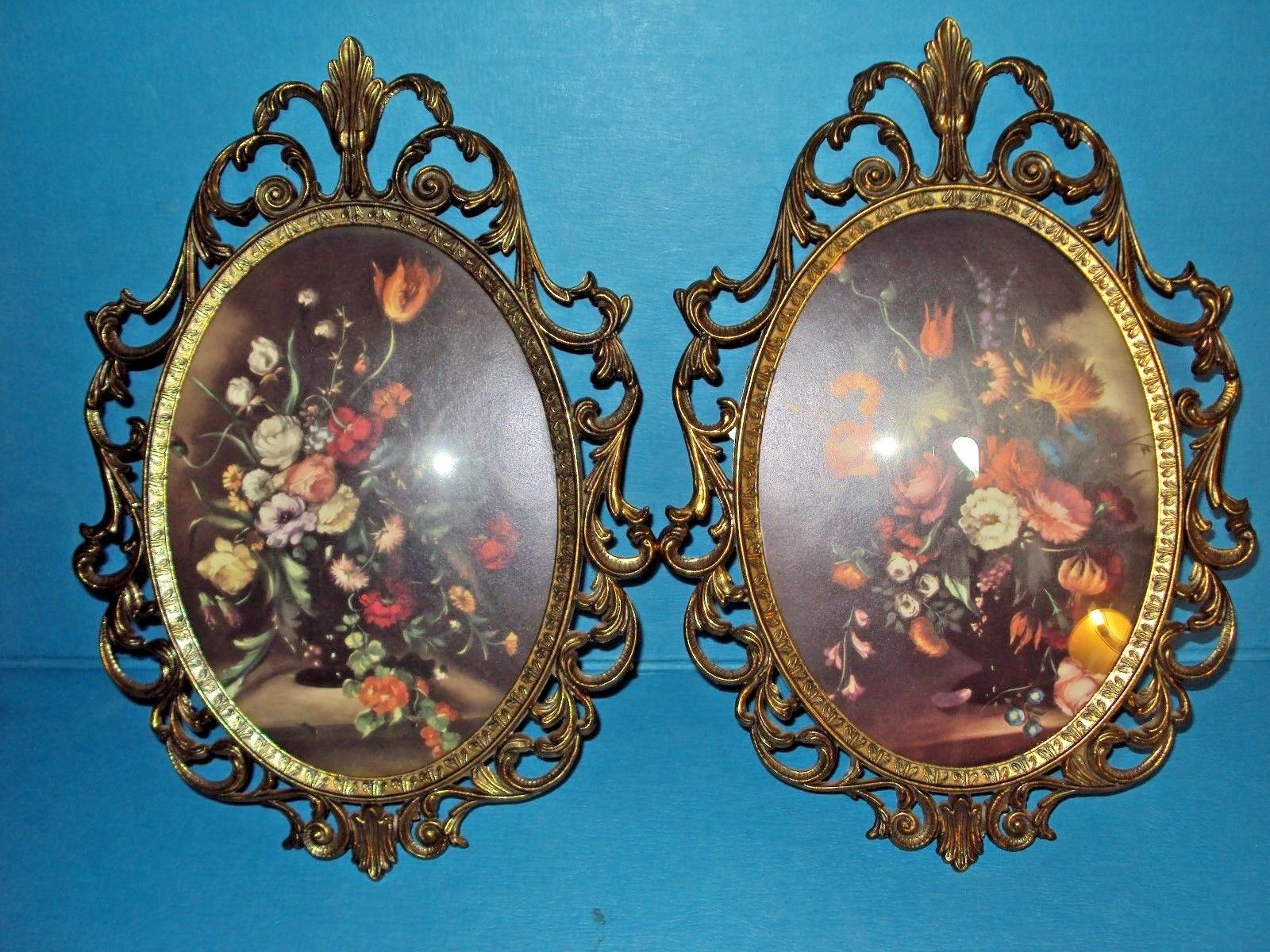 2 Vintage Ornate Brass Convex Bubble Glass Picture Frames Flowers Italy 10" T Antique Price