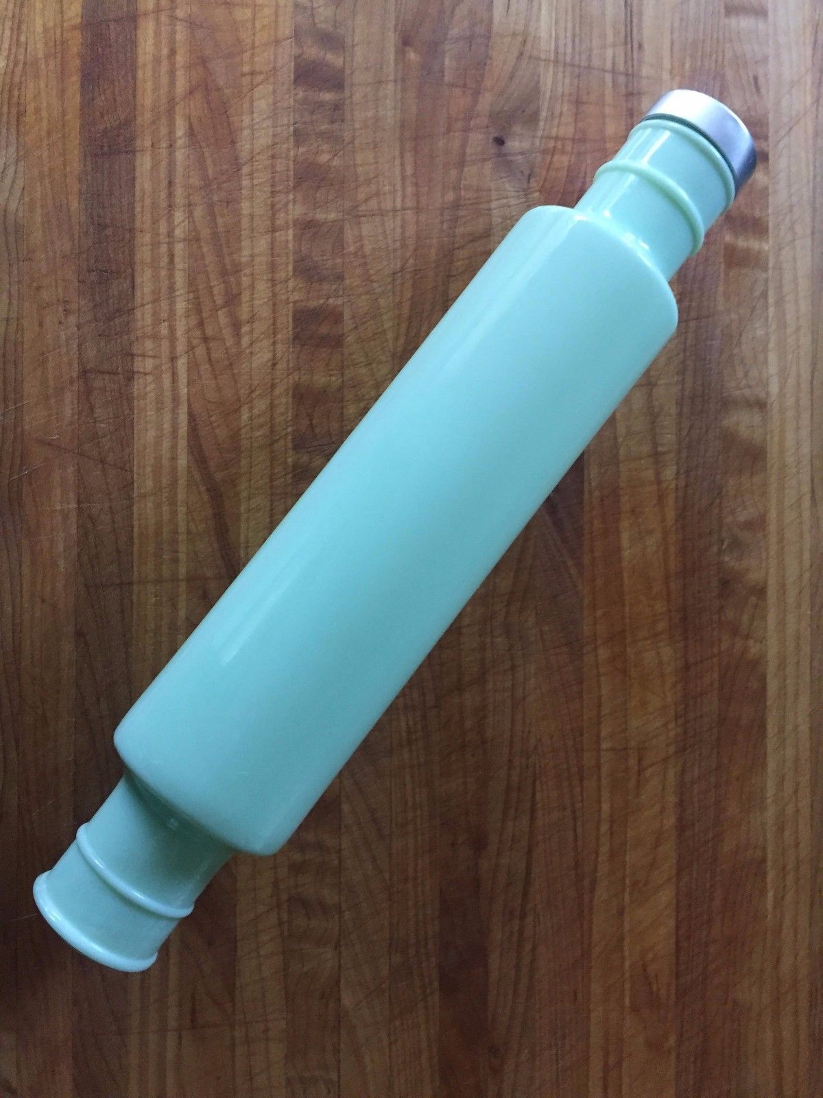 Antique jadeite green milk glass pastry rolling pin, Hollow with