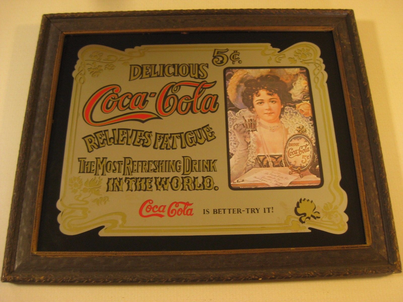 VINTAGE WOOD GESSO FRAME WITH GLASS 16 BY 20 COCA COLA ADVERTISING 