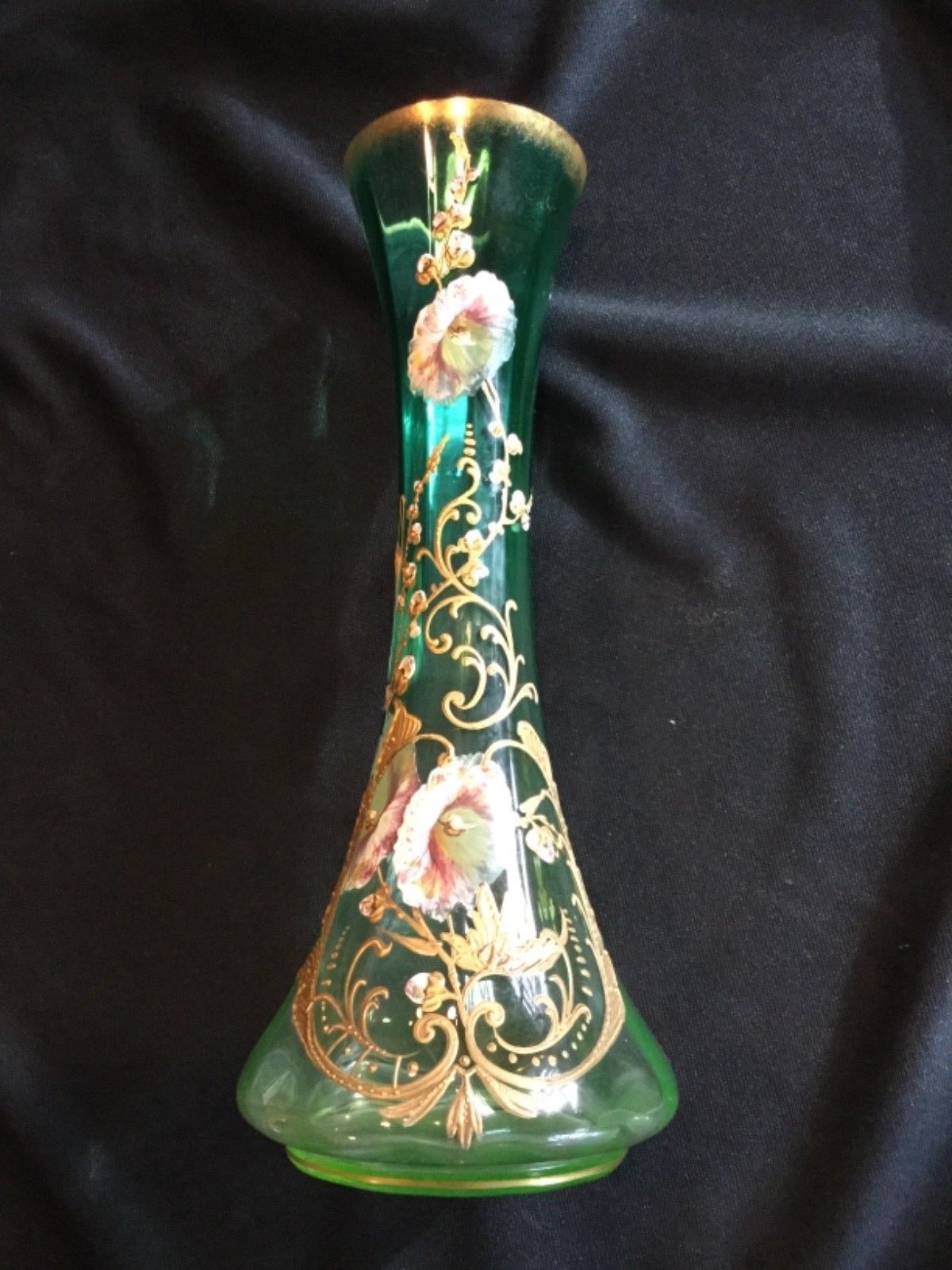 Nr 12 Tall Antique Green Art Glass Vase Hand Painted Heavy Gold