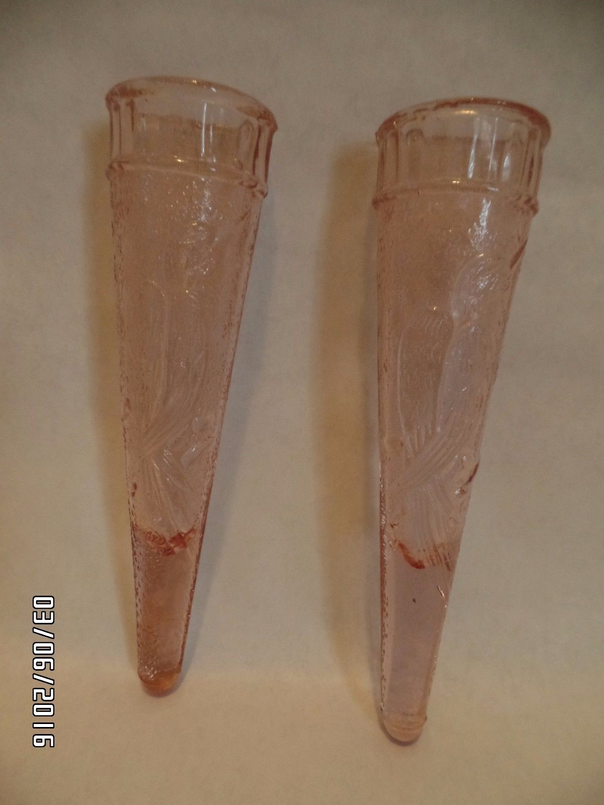 Vintage Pink Depression Glass Wall Pocket Vase Set Of 2