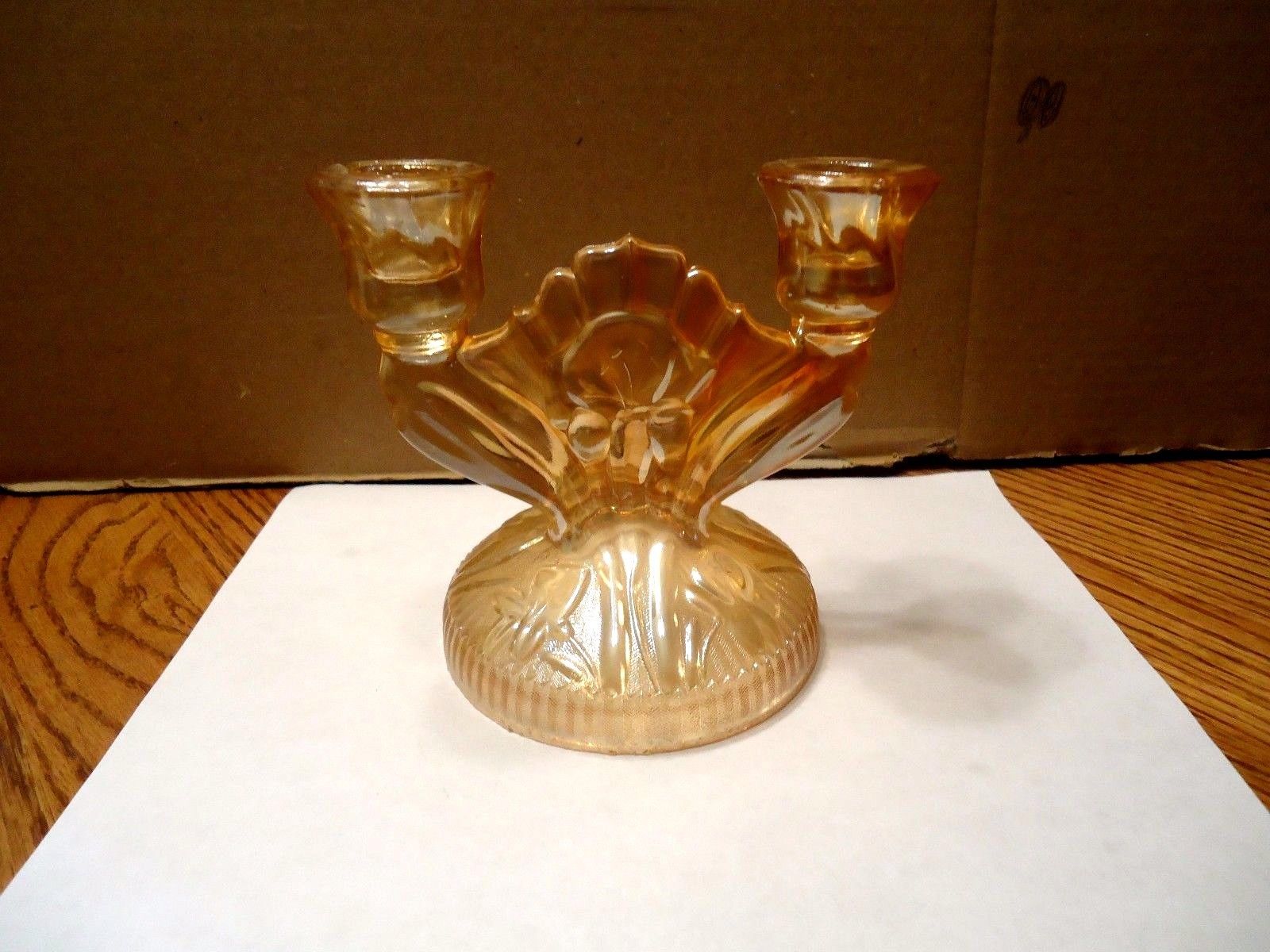 Vintage Jeannette Iris And Herringbone Depression Double Candlestick Vintage Jeannette Iris And Herringbone Depression Double Candlestick