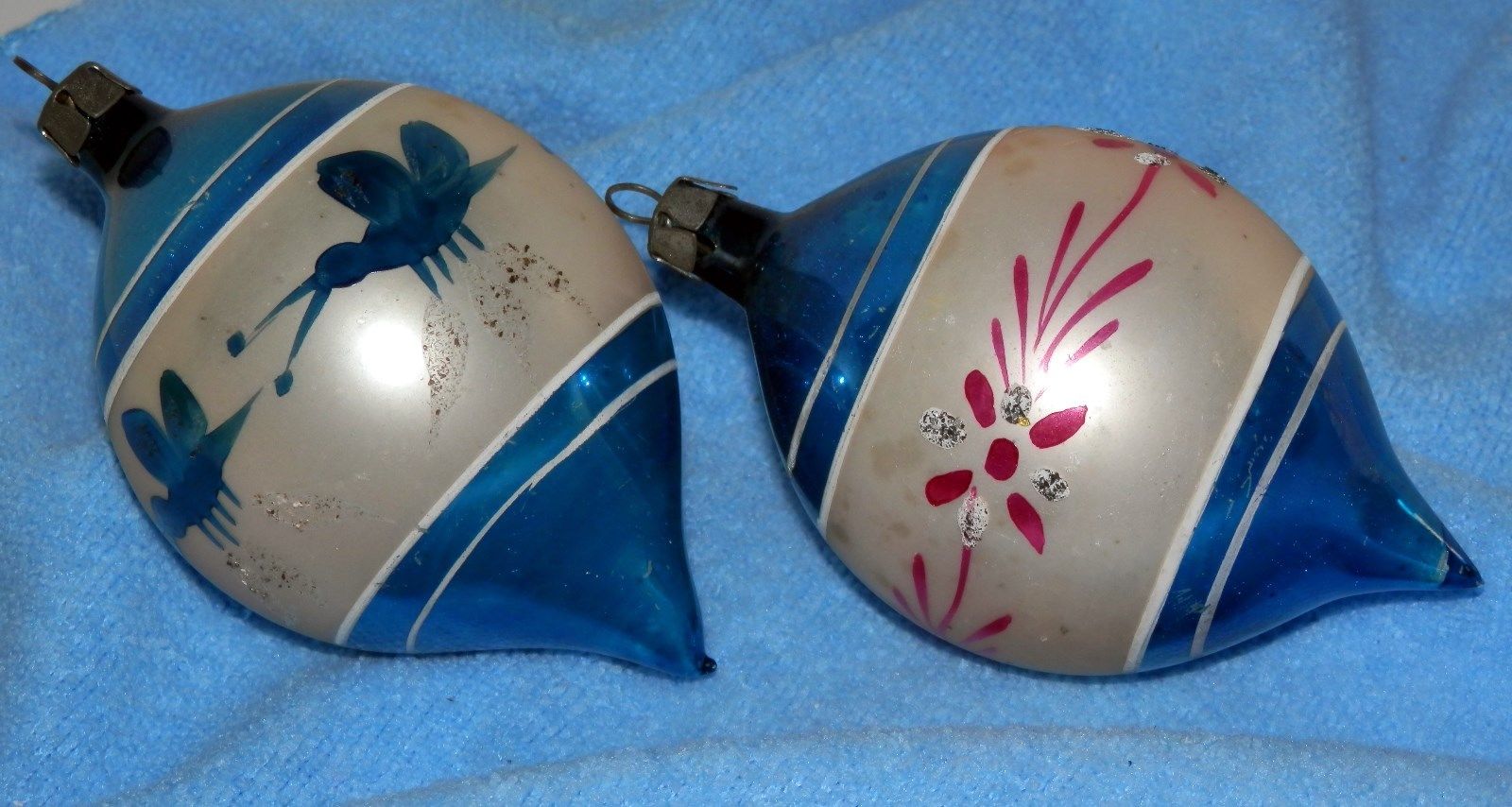 Vintage Pair of Very Early Blue Glass Teardrop Christmas Ornaments from