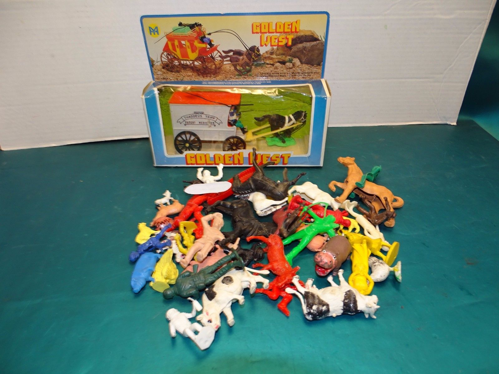 Vintage Plastic Toy Lot, Figures, cowboys, Animals, a Wagon/W Box etc
