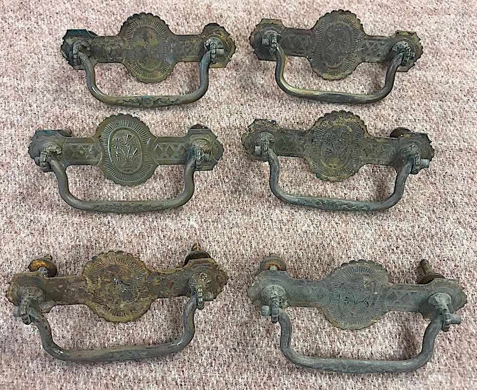 6 old matching dresser drawer vintage cupboard opener pulls antique