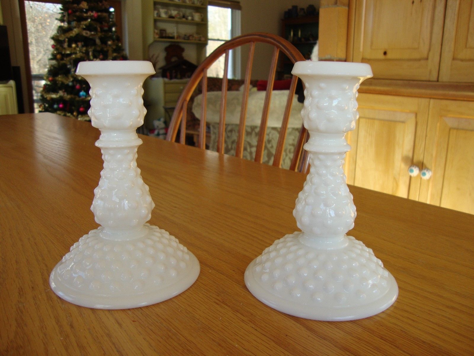 PAIR OF 6" TALL VINTAGE FENTON HOBNAIL WHITE MILK GLASS CANDLESTICKS