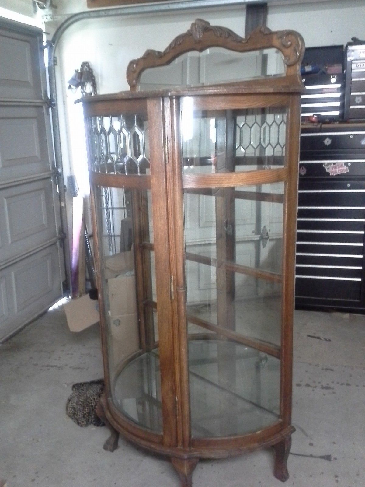 Antique Solid Oak Curved Glass Curio Cabinet Claw Feet