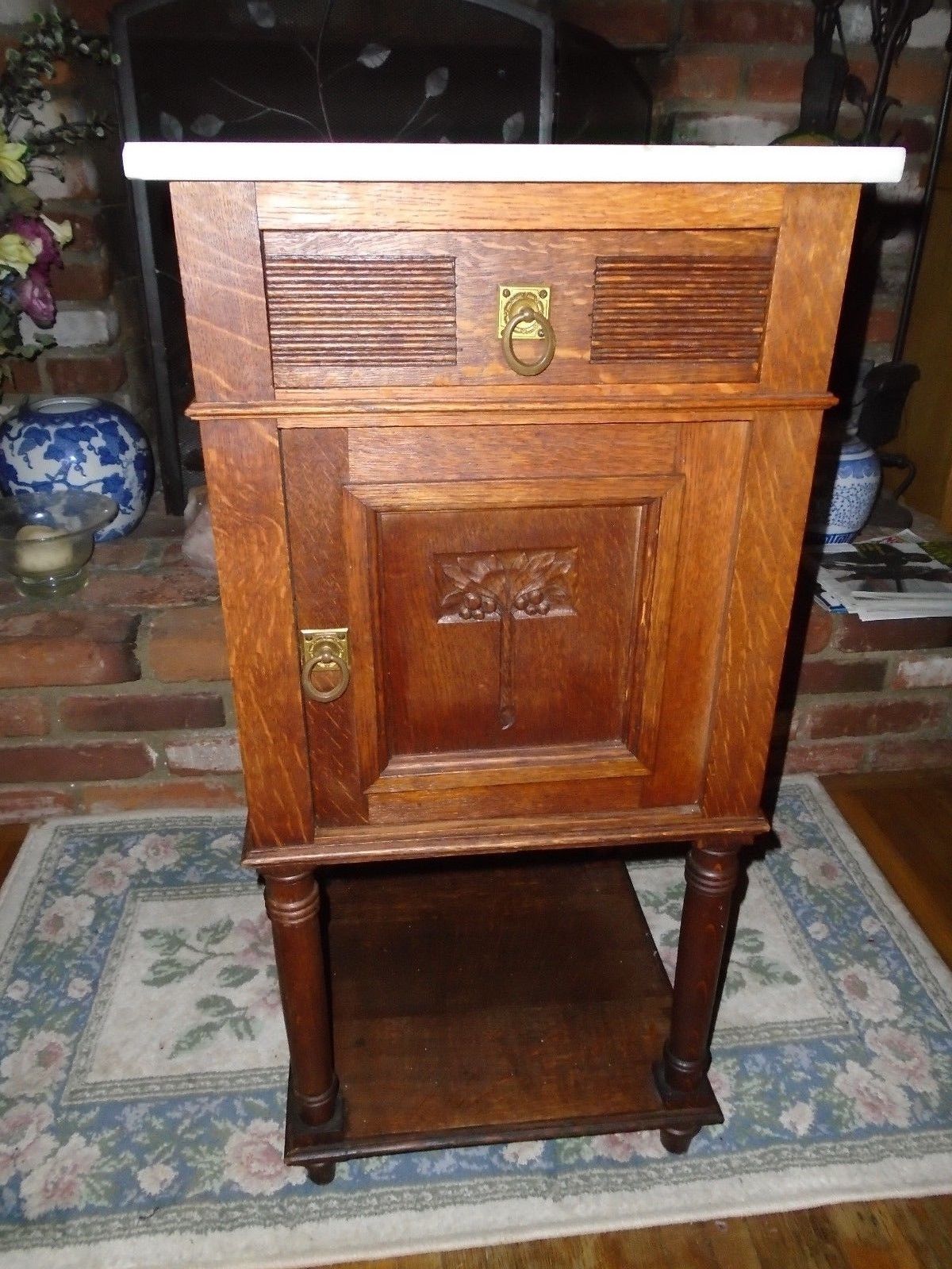 Vintage Carved European Marble Top Oak End Table Drawer Nightstand Drawer Antique Price Guide