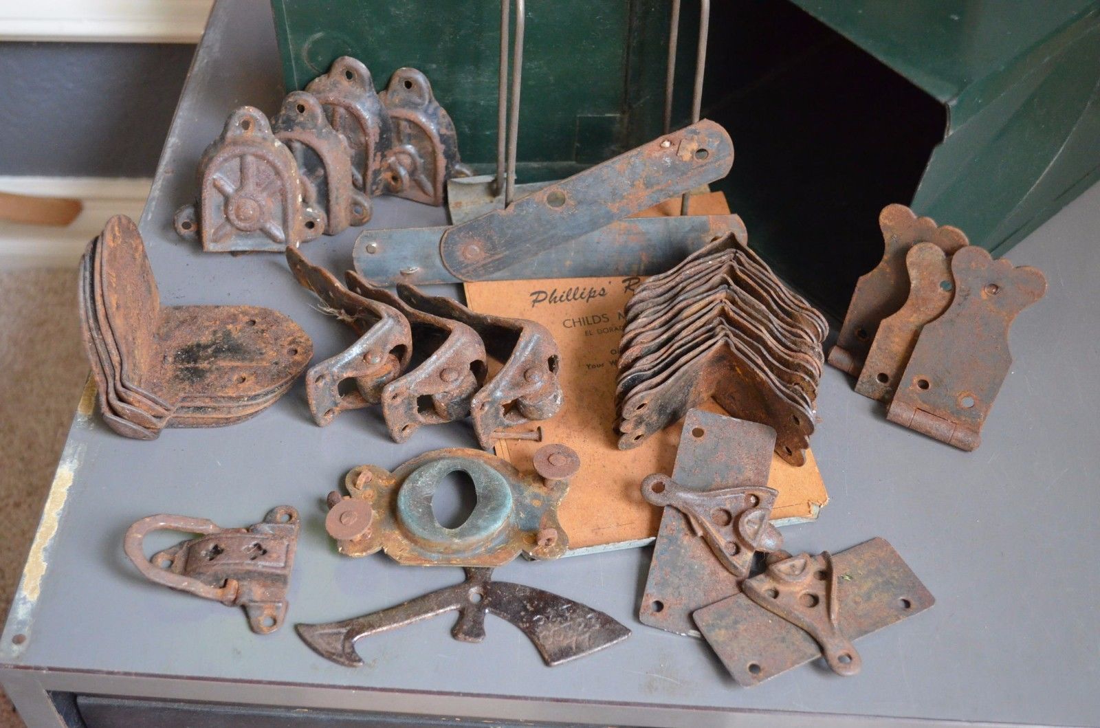 Antique Trunk Hardware Steamer Hinges Latches Original Wheels Vtg Lot