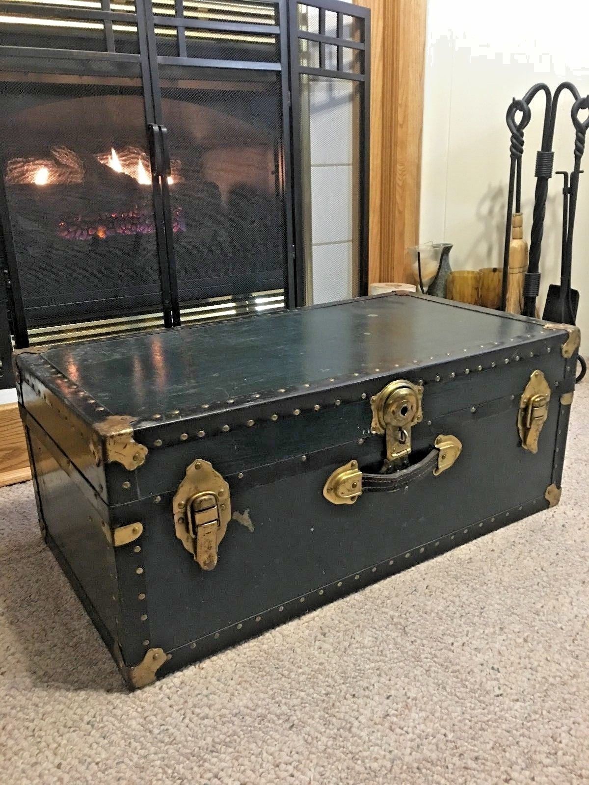 Vintage Metal Steamer Trunk Large Green Leather Handles Great Vintage Metal Steamer Trunk Large