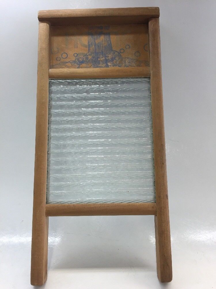 Antique Vintage Primitive Columbus Ribbed Glass Wooden Washboard