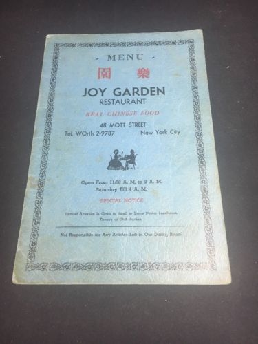 Vintage Joy Garden Chinese Restaurant Menu New York City 48 Mott