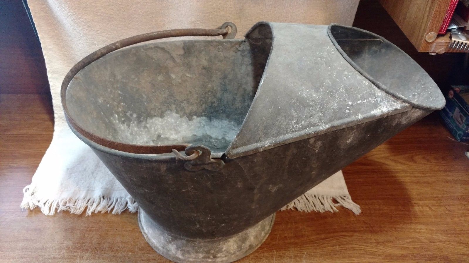 Vintage Old Galvanized Metal Coal Hooded Bucket Used to Fill Coal