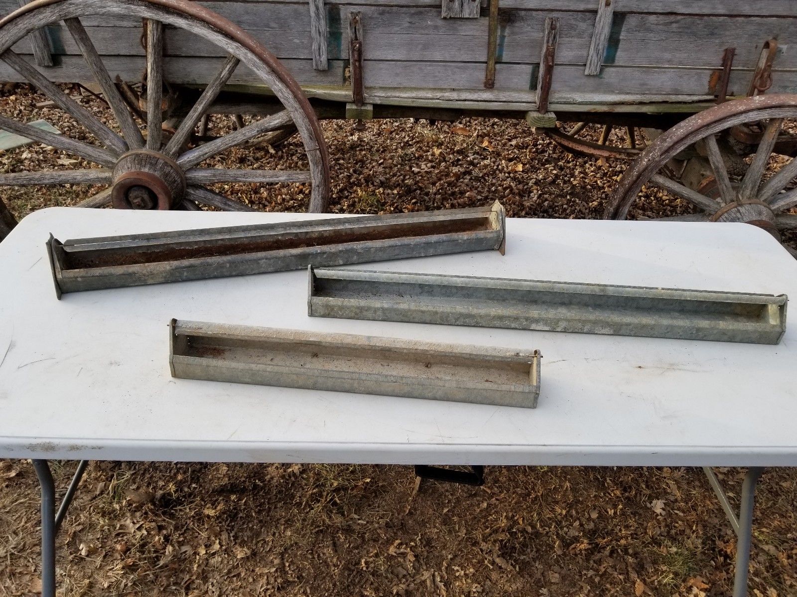 3 Old Vintage Galvanized Metal Chicken Feeders Primitive