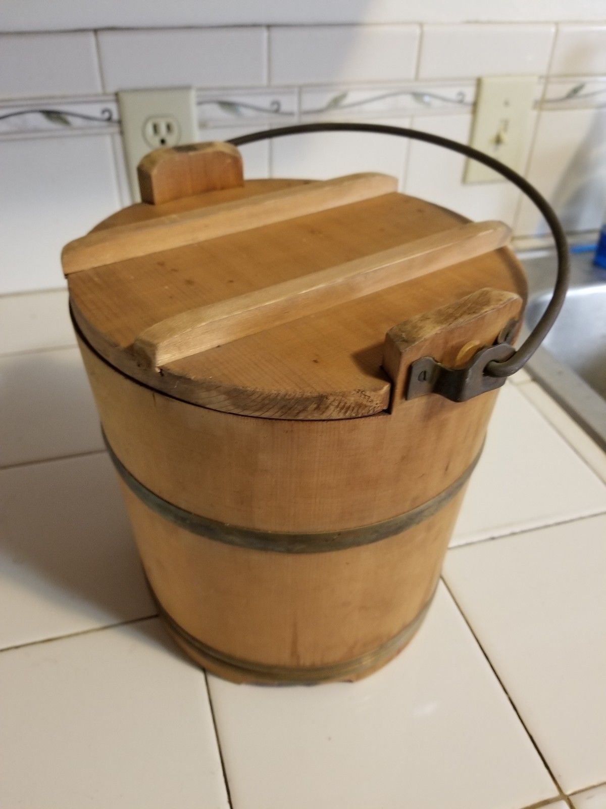 Antique primitive Firkin sugar bucket with lid brass bands with handle Antique Price Guide