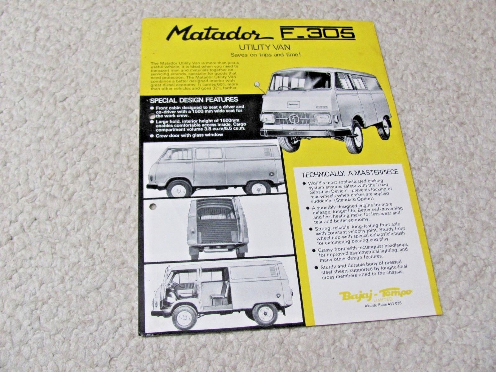 1980 S Tempo Matador F305 India Sales Brochure Antique