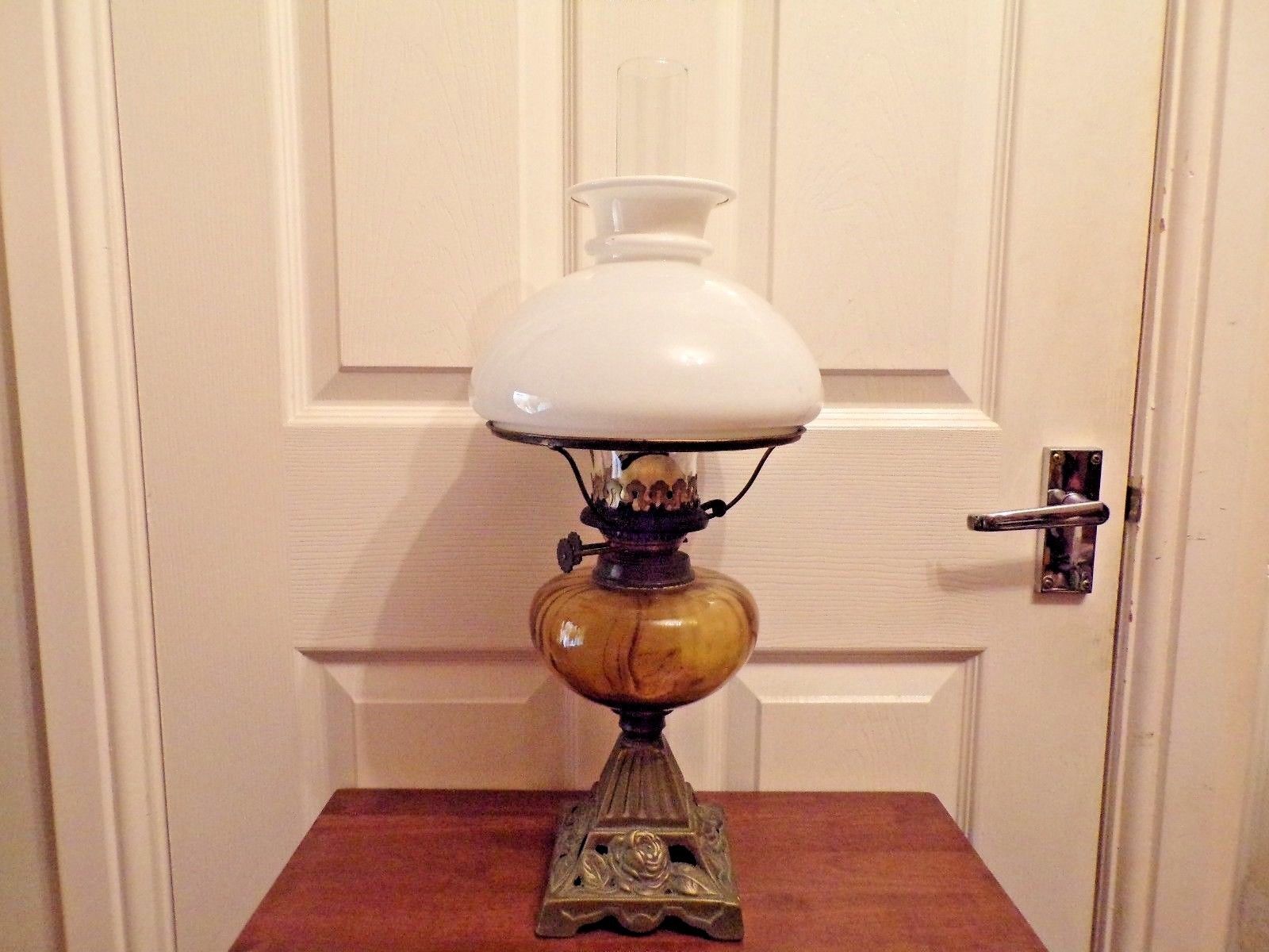 Victorian oil lamp cast iron base with Amber glass font white shade working Antique Price
