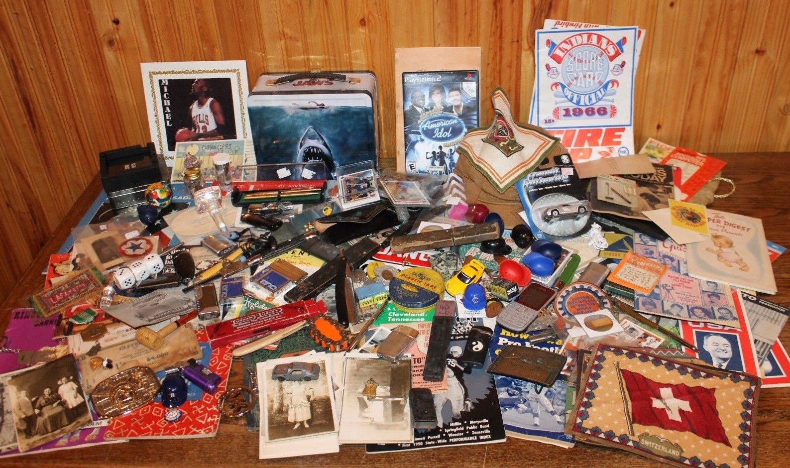 Huge Antique Vtg Estate Junk Drawer Lot Lighters Razors Postcard Ephemera Pins Antique Price