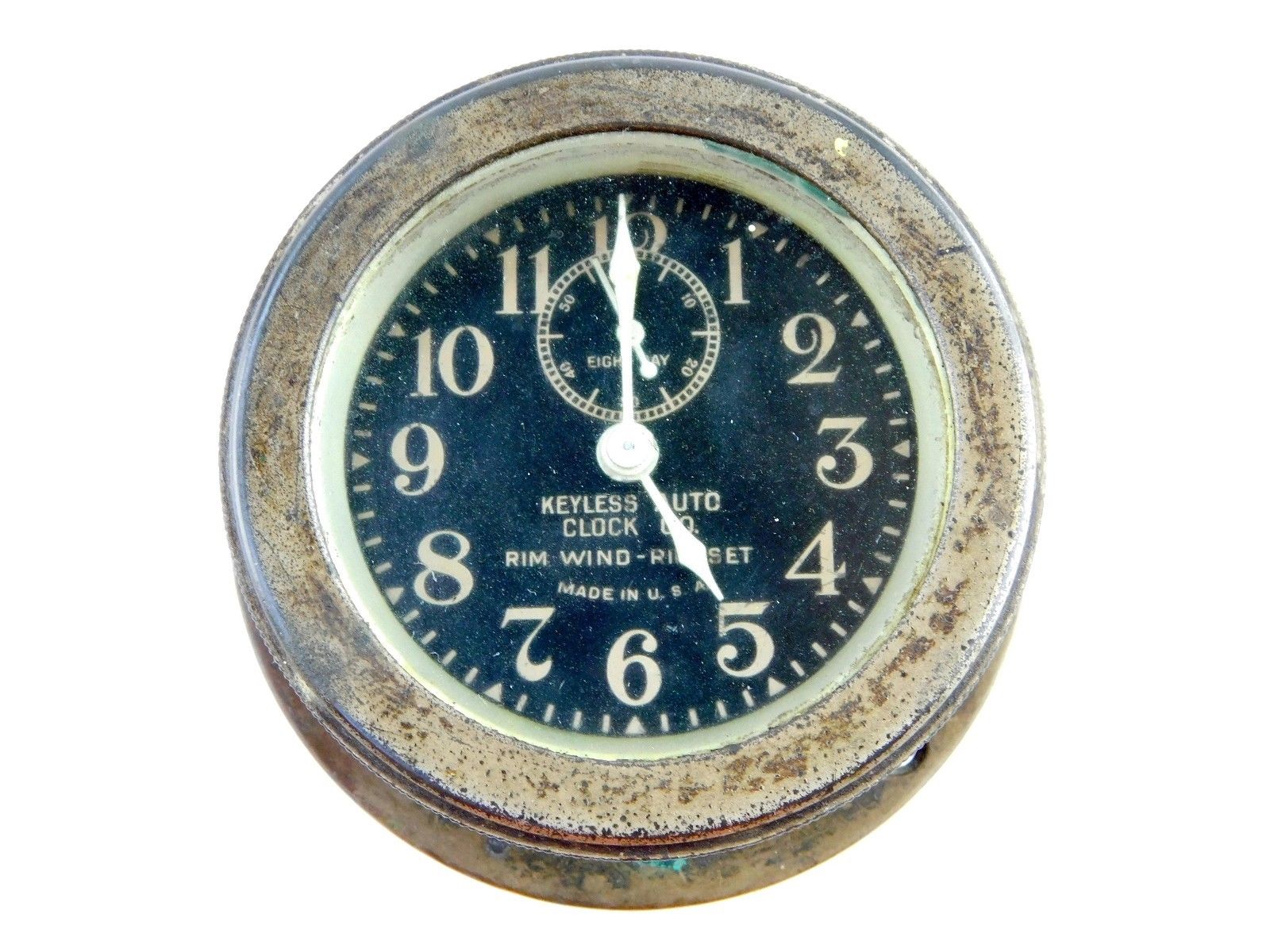 Vintage Antique Wind Up Keyless Rim Wind Auto Car Clock 8 Day USA (Parts/Repair) Antique