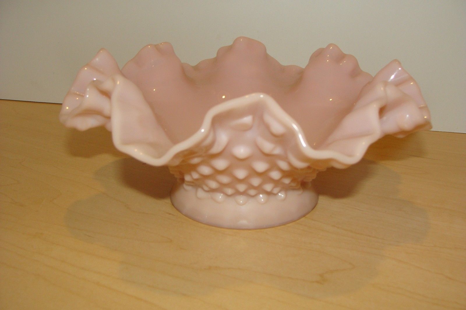FENTON PINK MILK GLASS HOBNAIL RUFFLED CRIMPED CANDLE HOLDER BOWL