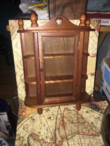 Vintage Small Wood Hanging Curio Cabinet Display Shelf Table Top