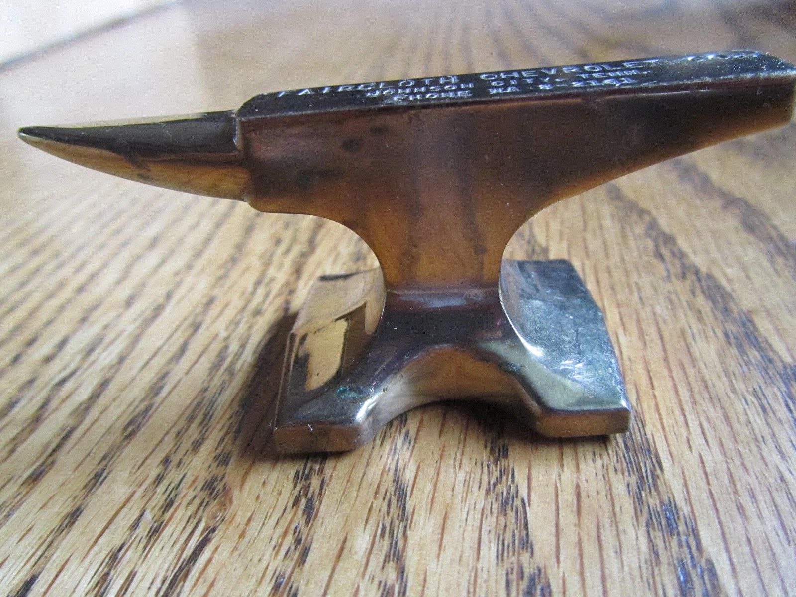 Vintage Miniature Brass Anvil paper weight Faircloth Chevrolet Johson