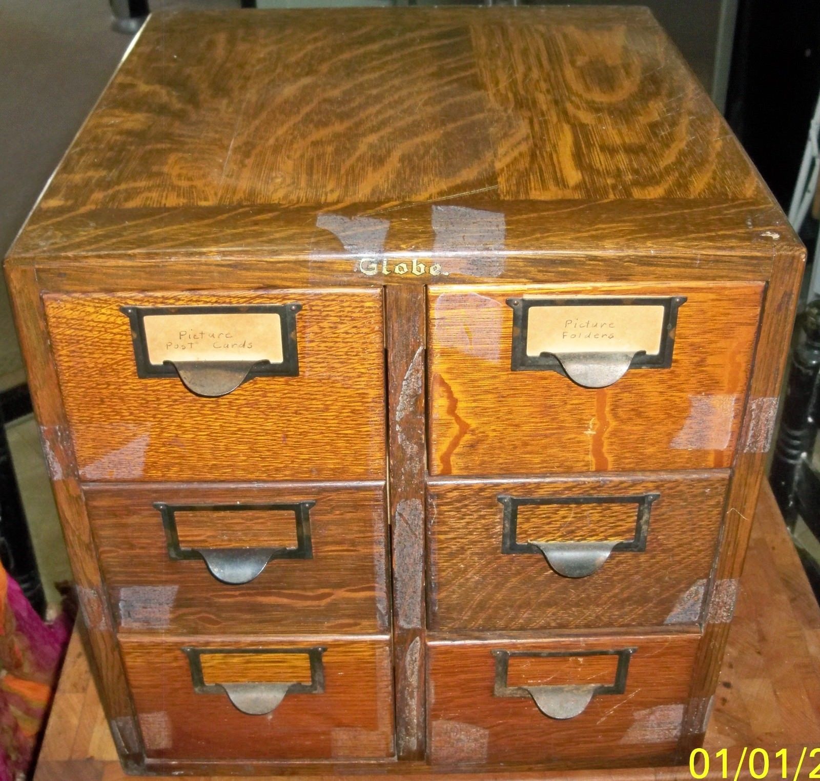 Antique Globe Oak 6 Drawer Library Index Card Library File Cabinet