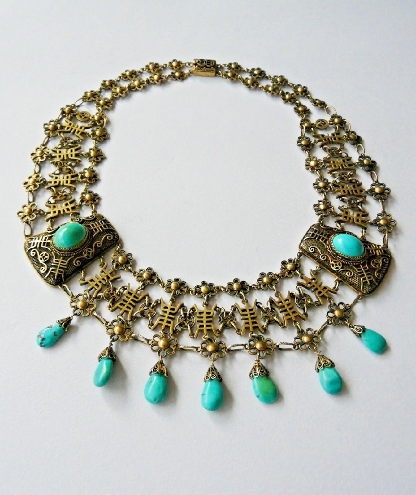 Antique Chinese export silver gilt necklace set turquoise marked ...