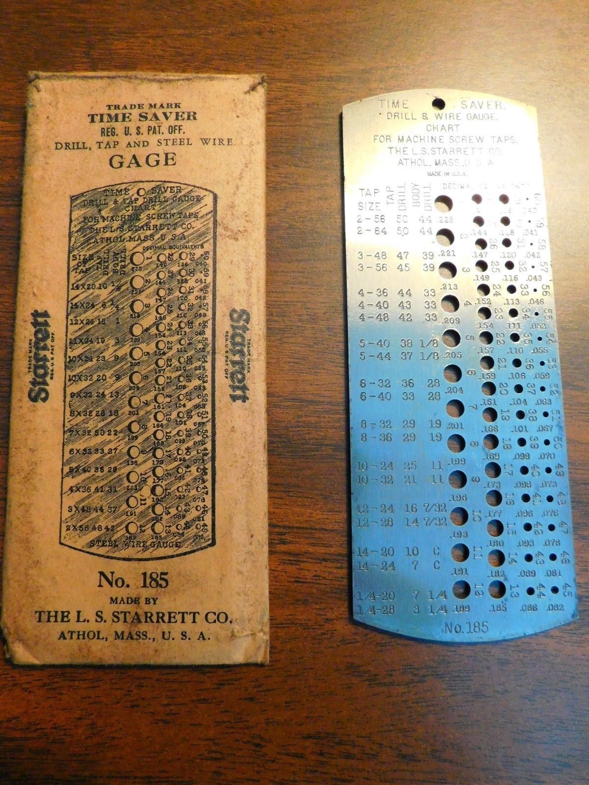 VINTAGE ANTIQUE STARRETT NO. 185 TIME SAVER DRILL & WIRE GAUGE CHART