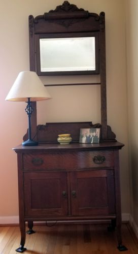 Antique Oak Washstand With Towel Rack Mirror Cabinet