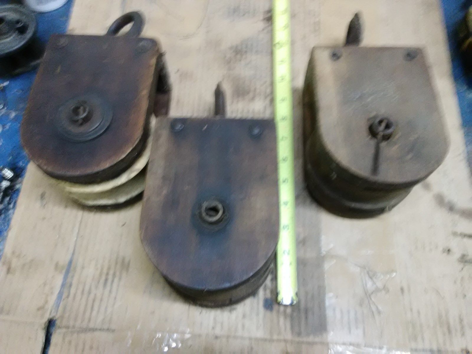 Three old pulleys rustic barn farm lifting pulley block & tackle boat