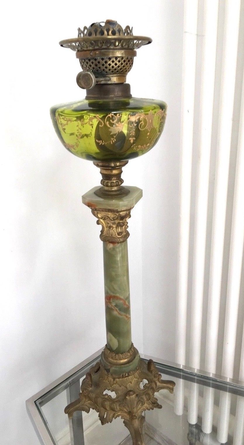 Antique Victorian French Green Onyx Oil Lamp With Glass Antique Victorian French Green Onyx Oil Lamp With Glass Reservoir