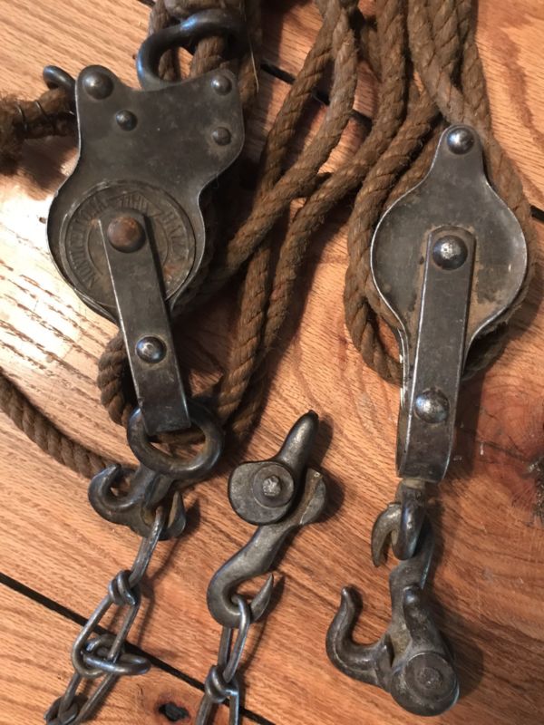 Antique HALL MANUFACTURING Triple Barn Pulleys W Rope Repurpose Items