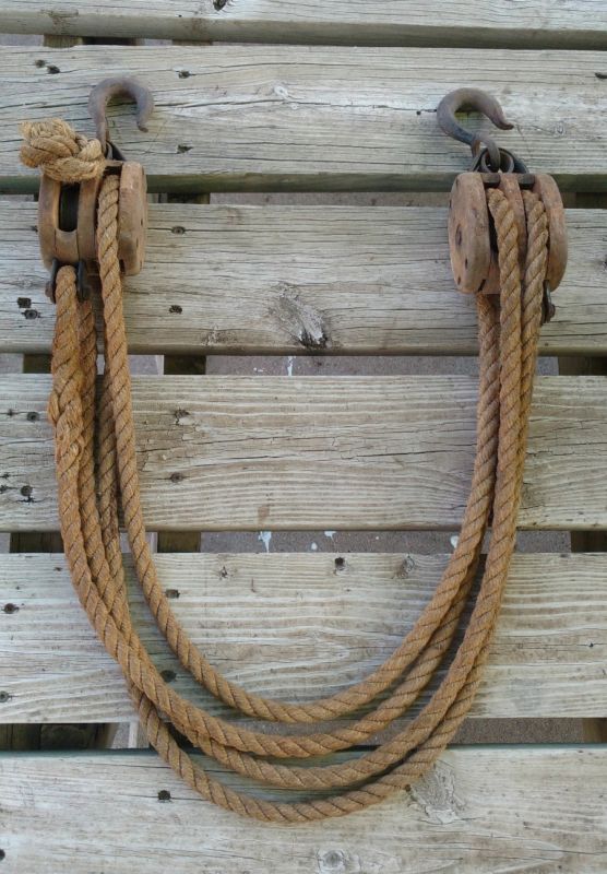 Vintage Antique Wood Block and Tackle Pulley Set with Old Rope & Metal