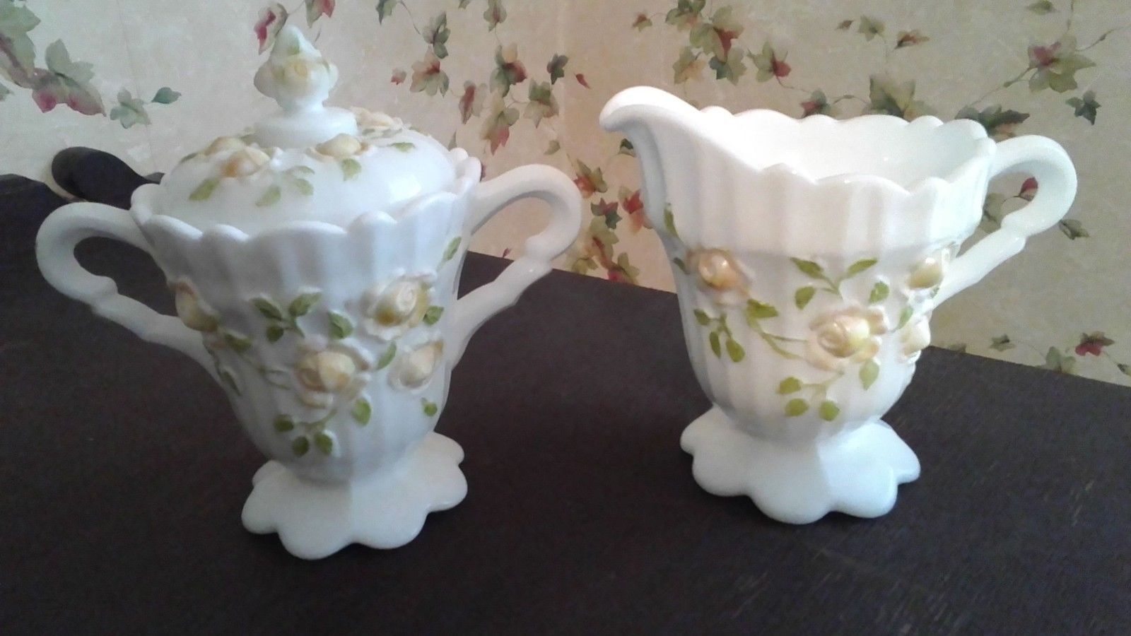 Vintage White Handpainted Milk Glass Creamer & Sugar Bowl with Lid